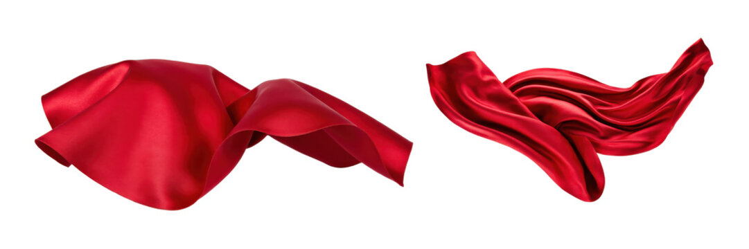 Two pieces of red silk fabric floating in the air with soft folds and smooth texture isolated on a transparent background