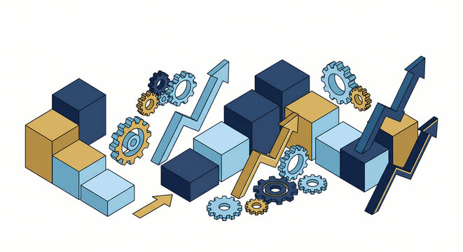 Isometric business marketing strategy cycle diagram with 3D step blocks, gears, and growth trend arrows isolated on white background