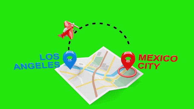 Los Angeles to Mexico City 3D Travel Animation with Airplane, Map, and Green Screen