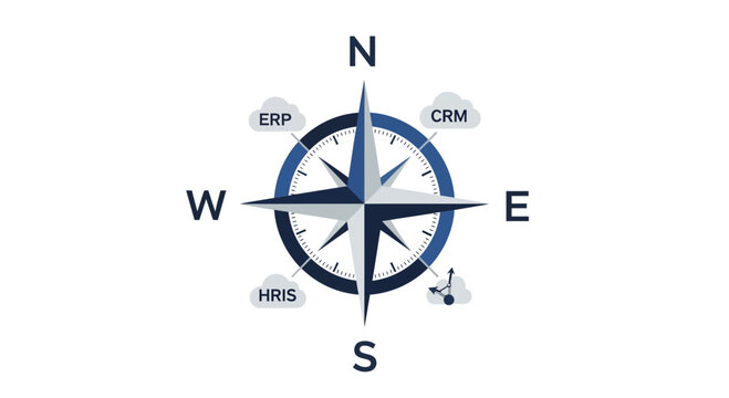 Business Navigation Compass Concept with ERP CRM and HRIS Enterprise Software Solutions Icons