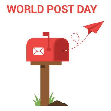 World Post Day red wooden mailbox with letter envelope vector icon graphic illustration for postal service