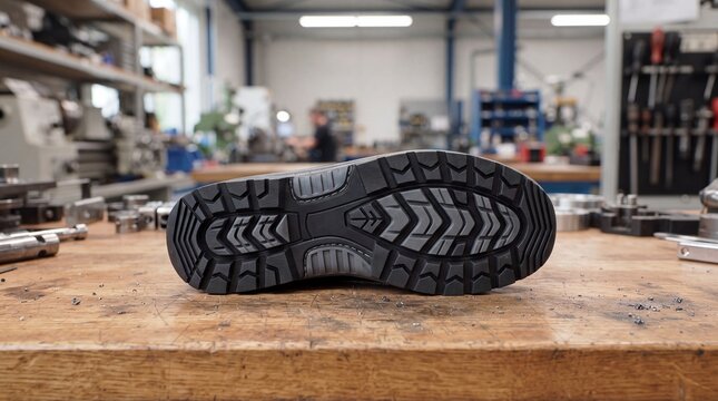 Industrial work shoe sole with deep tread pattern on wooden workbench in factory workshop background