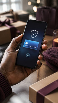 Man holding smartphone with secure payment screen during holidays  