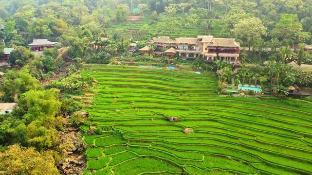 Drone aerial shot of traditional thatched-roof village and terraced rice fields in Pu Luong, Vietnam during afternoon soft light.