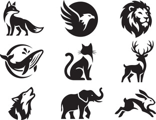 Obraz premium Wild Animal Logo Icon Set Fox Eagle Lion Whale Cat Deer Wolf Elephant