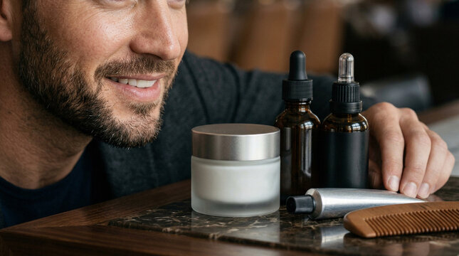 Bearded man with male grooming and skincare products