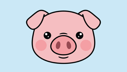 Fototapeta premium Cute pink pig cartoon face with rosy cheeks and sweet black eyes isolated on a clear light blue background.