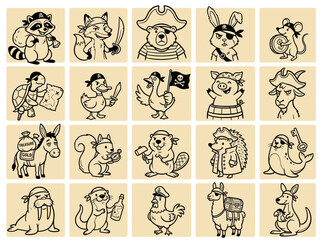 Fototapeta premium Set of 20 Cute Cartoon Pirate Animal Icons Vector Illustration for Kids Adventure and Education