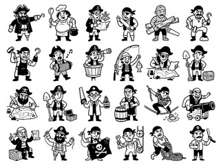 Obraz premium Set of Cartoon Pirate Character Icons with Various Nautical Professions and Activities