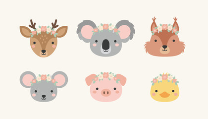 Fototapeta premium Adorable set of six cartoon animal heads wearing beautiful flower crowns over a light cream background.
