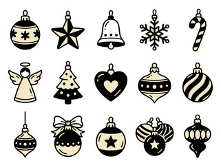 Naklejka premium Vintage Christmas hanging ornament icons set with bauble star bell snowflake angel and tree vector