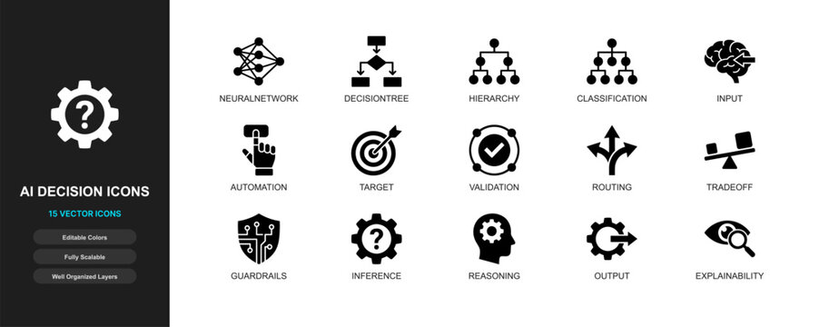 AI decision technology flat icon set. Artificial intelligence logic, decision tree analysis, smart algorithm judgement symbols for web app ui design.