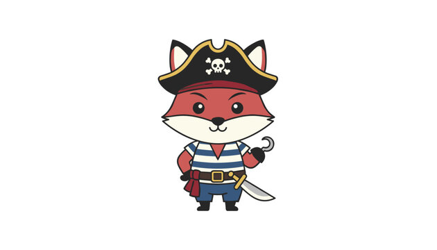 Cute cartoon fox pirate captain wearing a bicorne hat and holding a hook next to his cutlass on a white background.