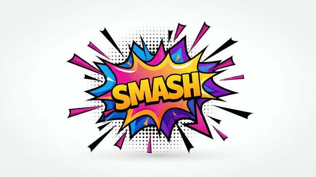 Animated comic book speech bubble with the word smash, colorful explosion effect, retro pop art style