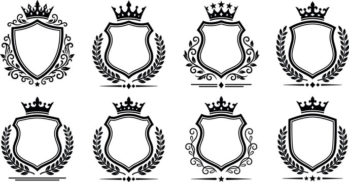 Luxury Heraldic Shield Badge Icon Set with Royal Crowns and Laurel Wreaths Blank Retro Crest Labels for Vintage Premium Logo Designs