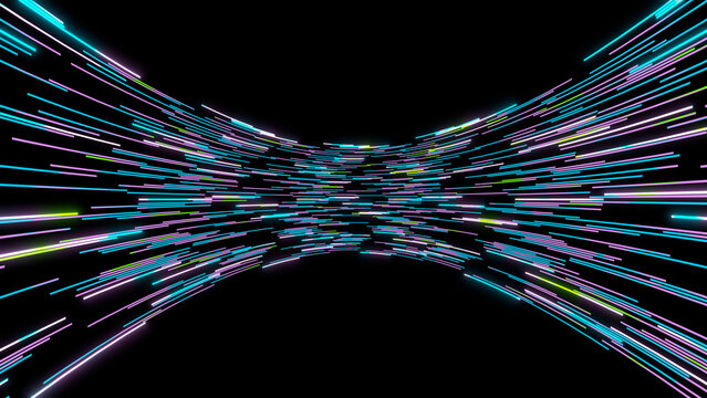 Glowing neon lines forming a dynamic tunnel shape on a black background. Abstract futuristic sci-fi illustration of warp speed or data transfer in vibrant purple, cyan, and pink colors.