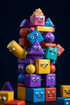 Colorful 3D Toy Blocks with Funny Faces Stacked High on Dark Balancing tower