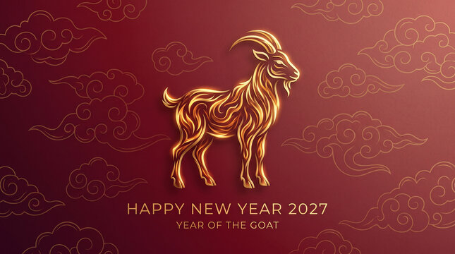Happy New Year 2027 Year of the Goat Golden Zodiac Animal on Red Background with Chinese Cloud Pattern