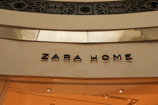 Warsaw, Poland, 20 August 2026. Zara Home store sign with backlit letters and decorative architectural details in a shopping center