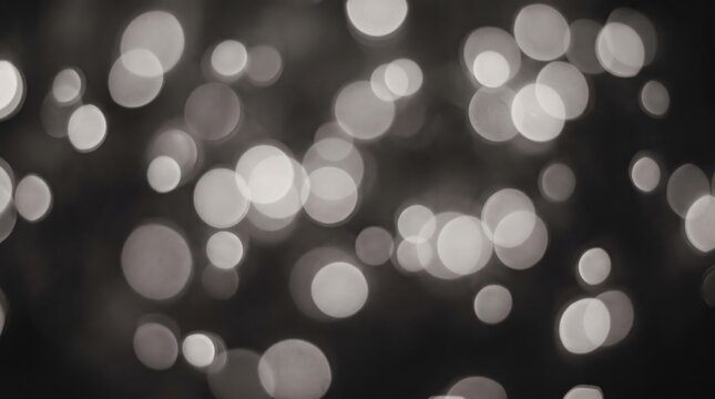 Abstract black and white photography featuring out of focus bokeh lights creating a dreamy defocused with circular orbs of varying brightness, ideal for artistic texture overlay