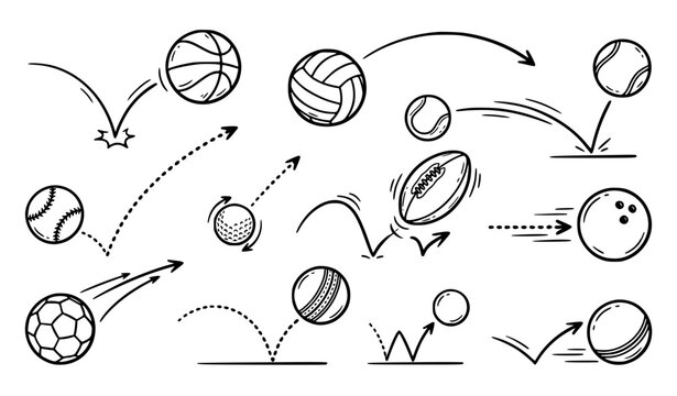 Sports Ball Motion Bounce and Trajectory Hand Drawn Line Art Vector Set