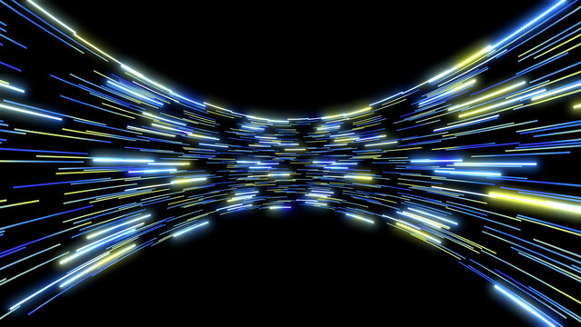 Dynamic neon lines flying and forming a curved tunnel on a black background. Futuristic abstract graphic representing high speed, digital data flow, and hyperspace in blue and yellow colors.