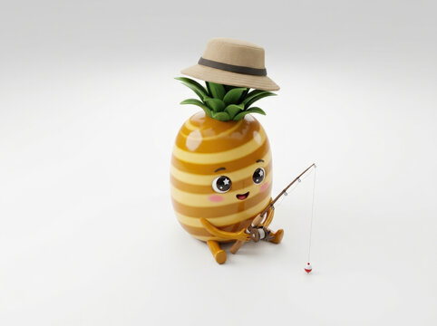 Cute cartoon pineapple character wearing straw hat fishing with rod and float for playful children design projects on white base.