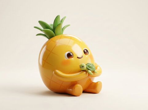 Cute cartoon pineapple holding tiny green turtle character 3d render vibrant yellow fruit sculpture mascot isolated plain background.