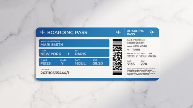 Blue airline boarding pass ticket template mockup on marble surface, travel aviation flight journey, passenger information card with barcode qr code seat number gate details