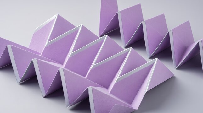 Abstract purple origami paper structure with geometric triangular folds and silver edges, creative art craft design, minimalist modern texture pattern for architectural
