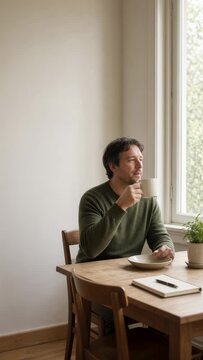 Young man Sitting at Desk with Cup of Coffee in Modern Room