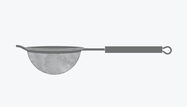 Simple grey metal mesh strainer with a long handle and hanging loop displayed against a clean white background.