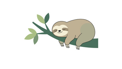 Fototapeta premium Cute cartoon sloth peacefully sleeping on a green tree branch with leaves isolated on a plain white background.
