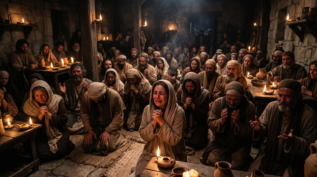 The early church gathered in secret, praying fervently by candlelight while Peter is locked in King Herod's prison