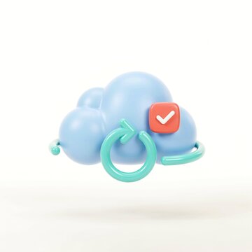 3D render of a cloud computing icon with refresh symbol and completed check mark