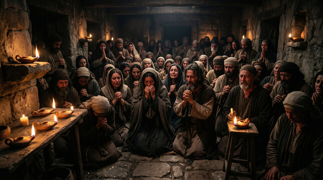 The early church gathered in secret, praying fervently by candlelight while Peter is locked in King Herod's prison