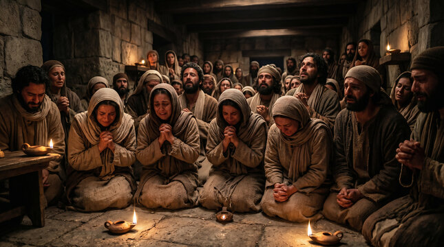 The early church gathered in secret, praying fervently by candlelight while Peter is locked in King Herod's prison