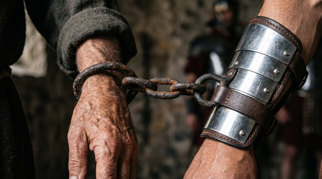 Paul under house arrest in Rome, his wrist chained to a heavily armored Praetorian guard, dictating a letter