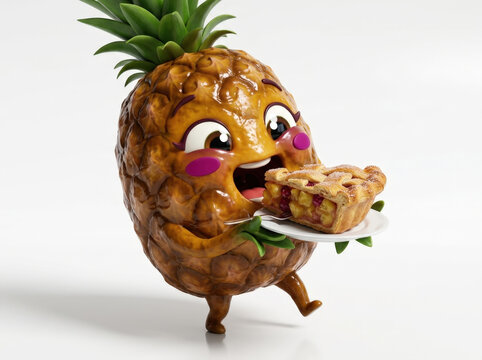 Cute pineapple character holding fresh fruit pie featuring golden brown tones whimsical mascot design playful kitchen art style.