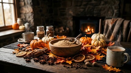 Obraz premium Cozy autumn table setting with pumpkin spice ingredients, cinnamon sticks, dried orange slices, and warm drinks in a rustic home with a fireplace