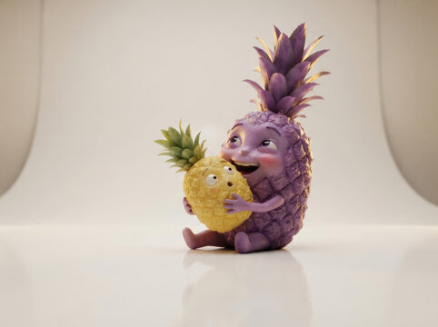 Cute purple pineapple holding smaller golden fruit character design for playful greeting card decoration and fantasy children art.