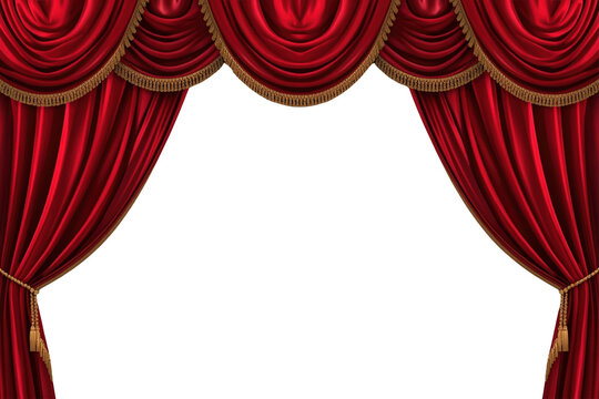 Open red theater curtains with ornate upper drapery