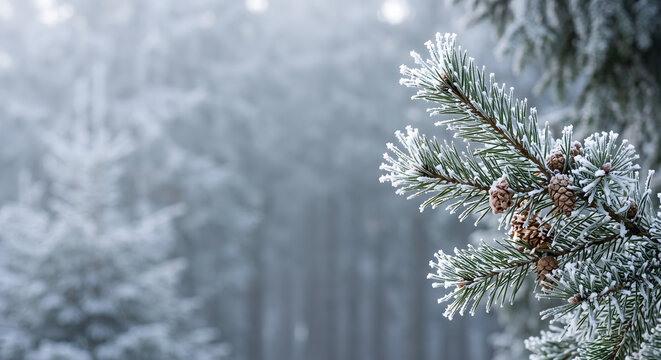 Pine branch with pine cones covered in hoarfrost in a misty winter forest