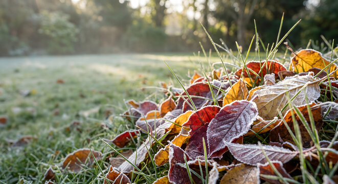Green grass and fallen autumn leaves covered in white morning frost