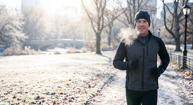 Man running on a frost covered tree lined path in a park on a cold morning
