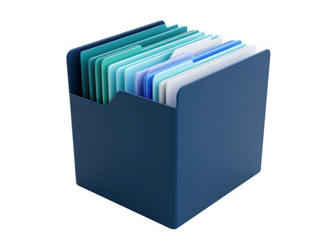 Blue desktop file organizer box with colorful hanging folders for office document storage