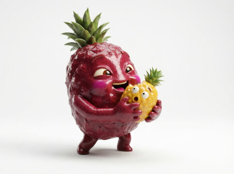 Deep red pineapple character eating small yellow fruit personified 3d render isolated on white background for graphic design.