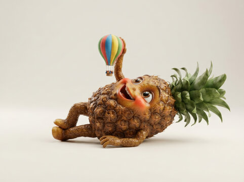 Funny pineapple character lying on floor playing with colorful hot air balloon model for imaginative kids travel conceptual.