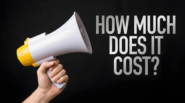 Hand gripping a white and yellow megaphone against a black background with bold text reading How much does it cost? in capital letters featuring holding, d, render, question and announcement