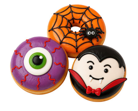 Halloween, doughnut, icing, spider, eyeball, vampire sweet dessert trio transparency background